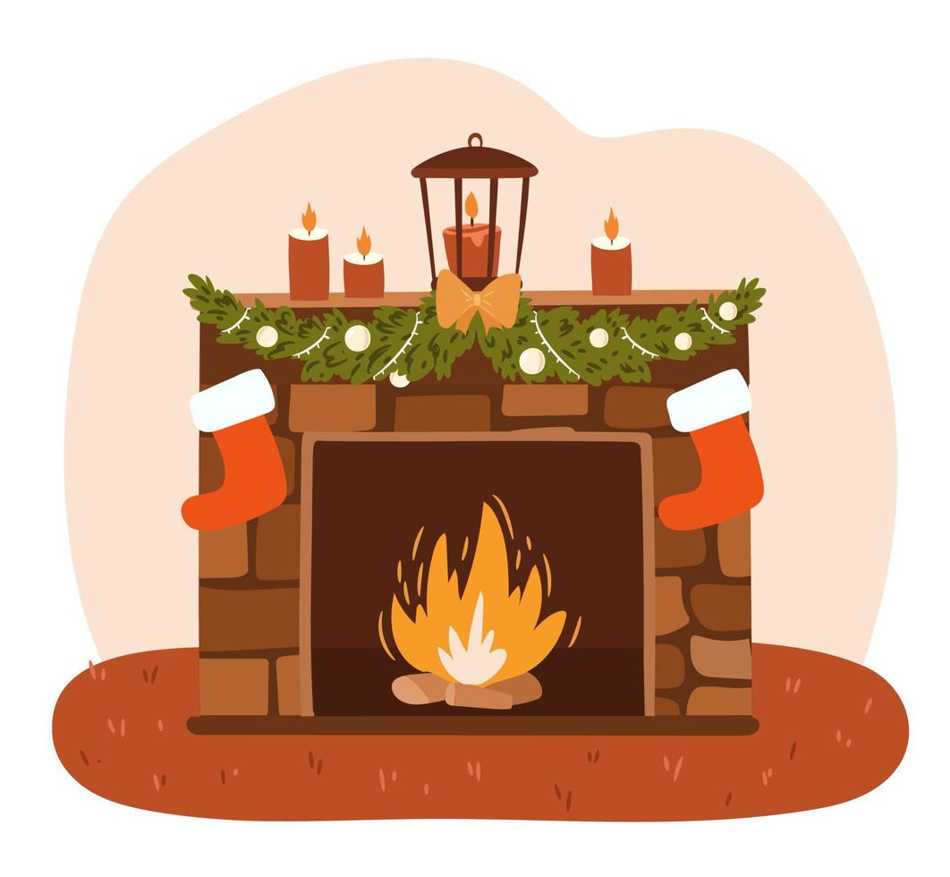 chimenea decorada con elementos navideños. aislado sobre fondo blanco. medias de navidad, abeto, velas, chimenea. vector