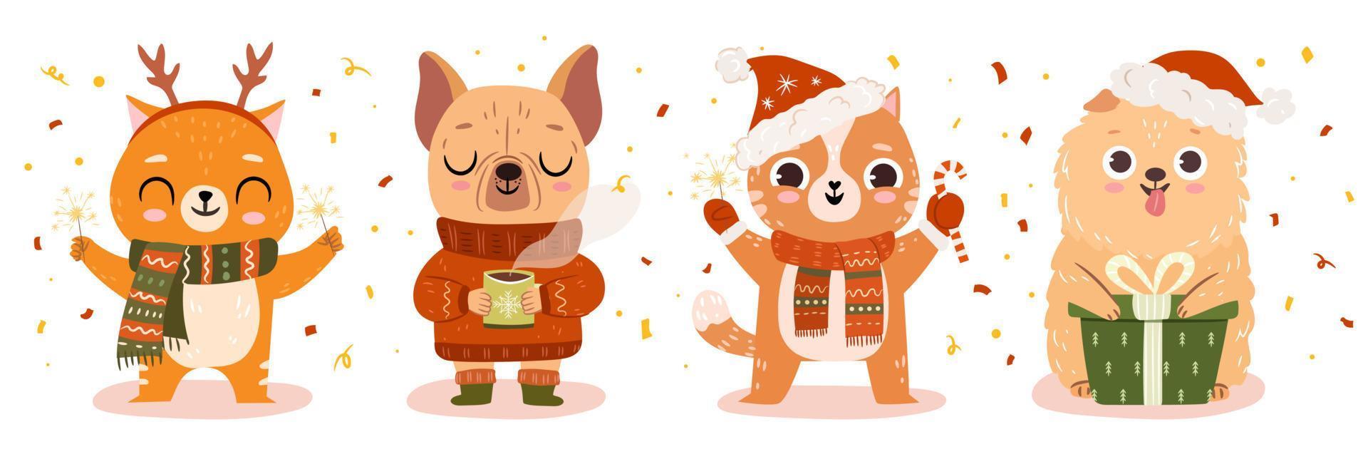 Cat, dogs in Christmas ugly sweaters. Set of pets in winter Xmas outfits. Vector flat illustration