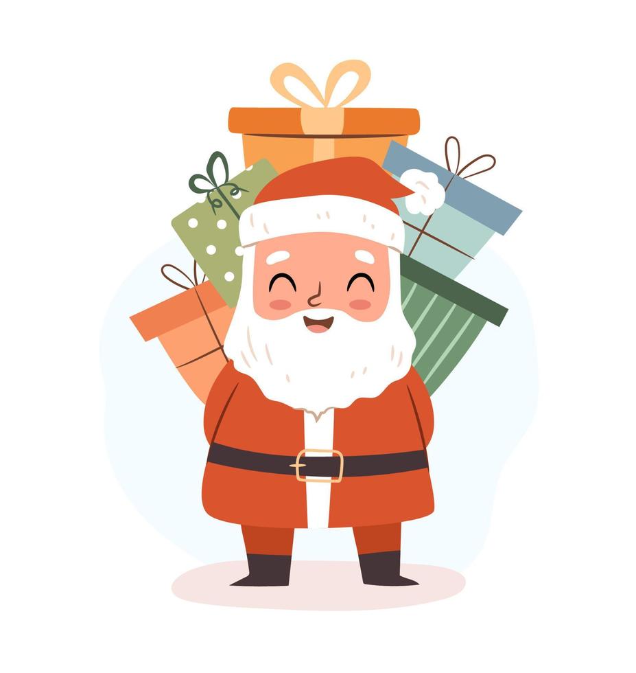 lindo santa con un montón de regalos de navidad. carácter vectorial plano para el diseño de tarjetas de felicitación navideñas. vector