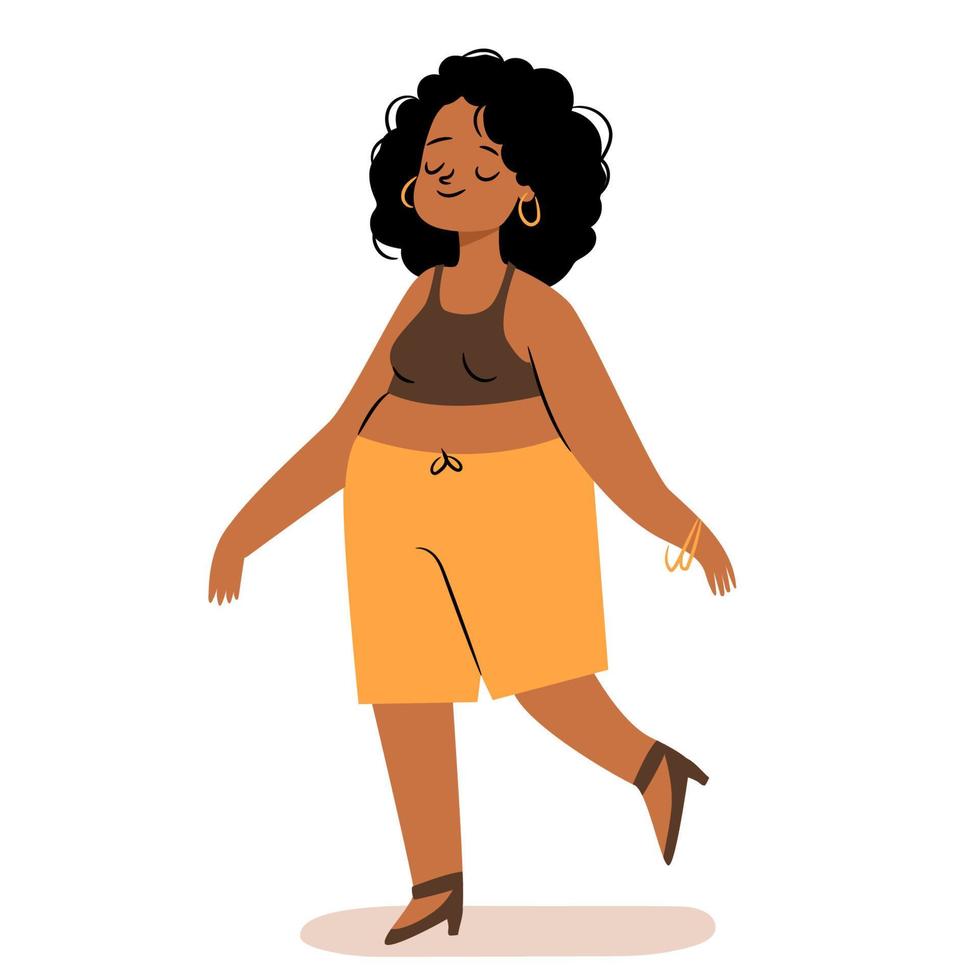 feliz cuerpo positivo mujer caminando. linda mujer afroamericana vector