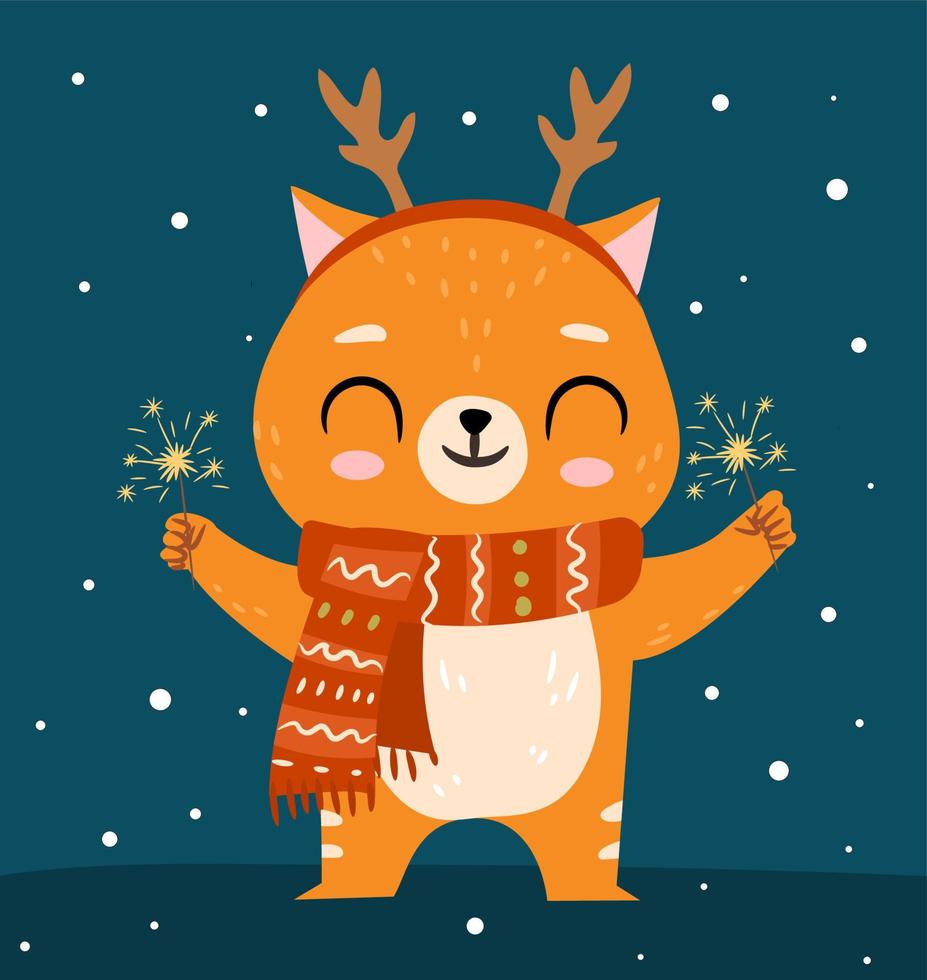 Cute ginger cat in Christmas scarf holding sparklers. Cartoon winter vector character with sparklers for Happy New year greeting card, poster design