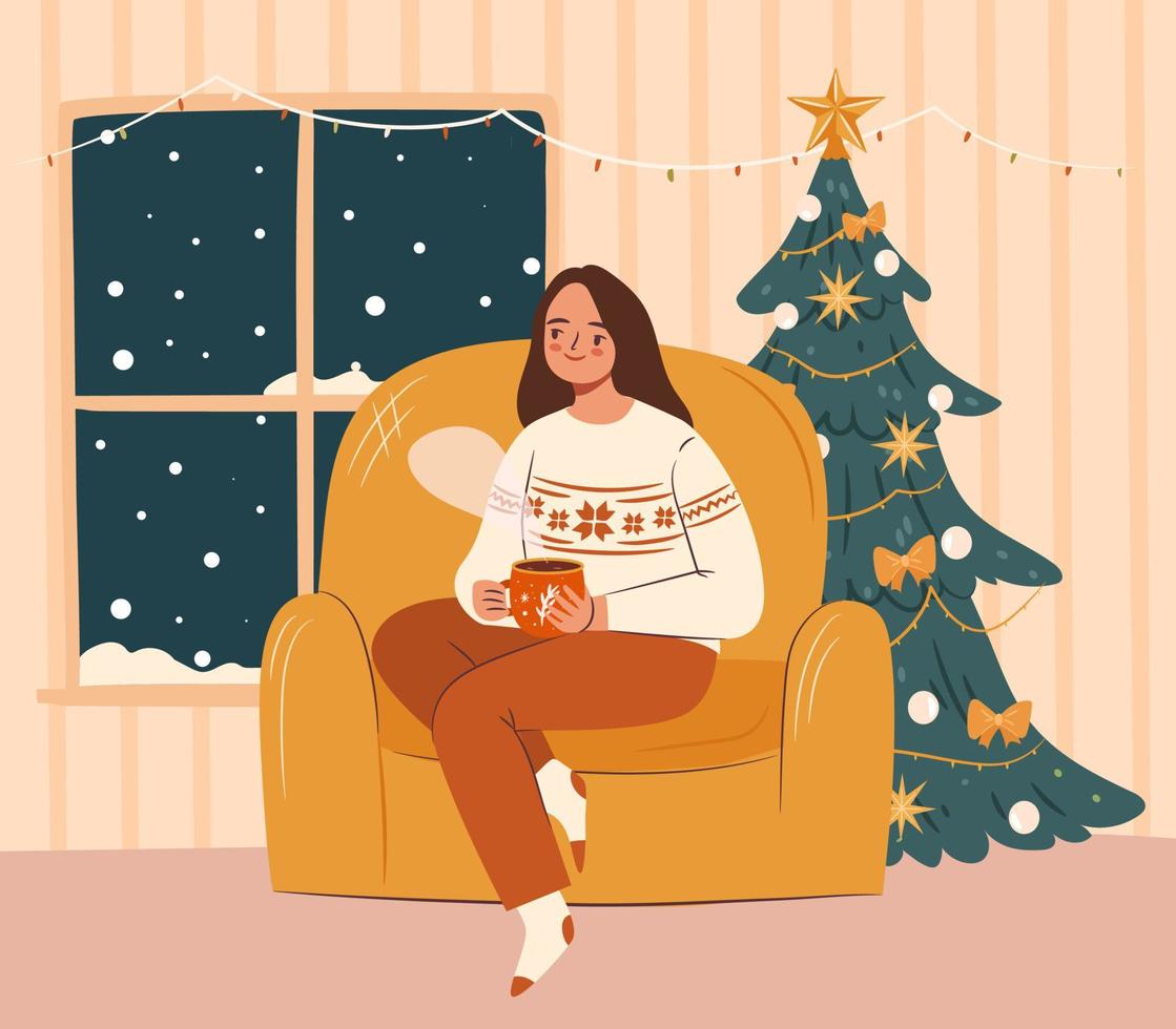 Cozy Christmas evening concept. Girl in ugly sweater sitting in armchair with hot drink. Snowy weather, christmas tree in the background vector