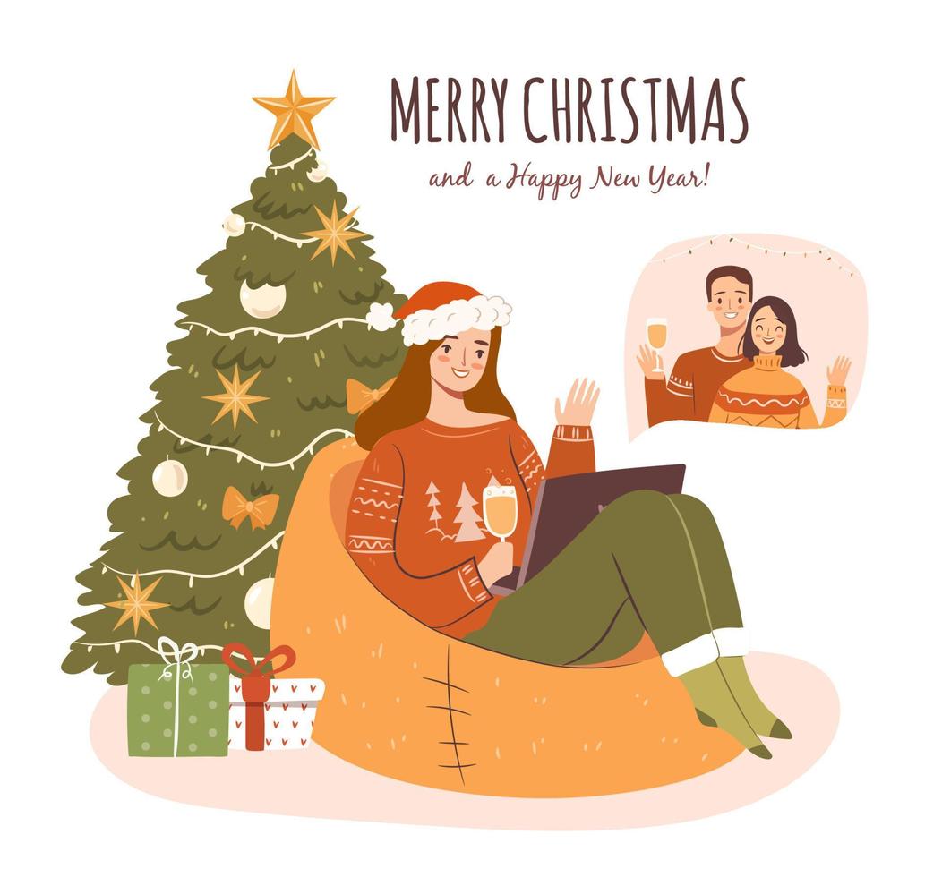 celebrando la navidad y el año nuevo a través de una videollamada en una computadora portátil. chica feliz en un suéter saluda a sus amigos. ilustración vectorial plana vector