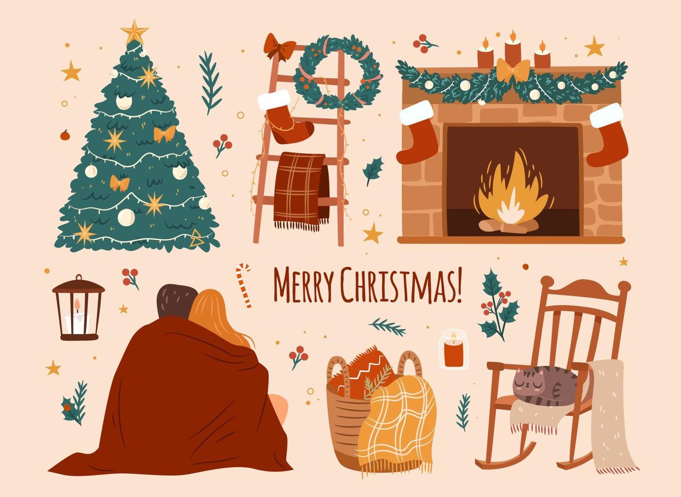Cozy Christmas set. Collection of holiday at home atmosphere elements on blank background. Flat vector illustration