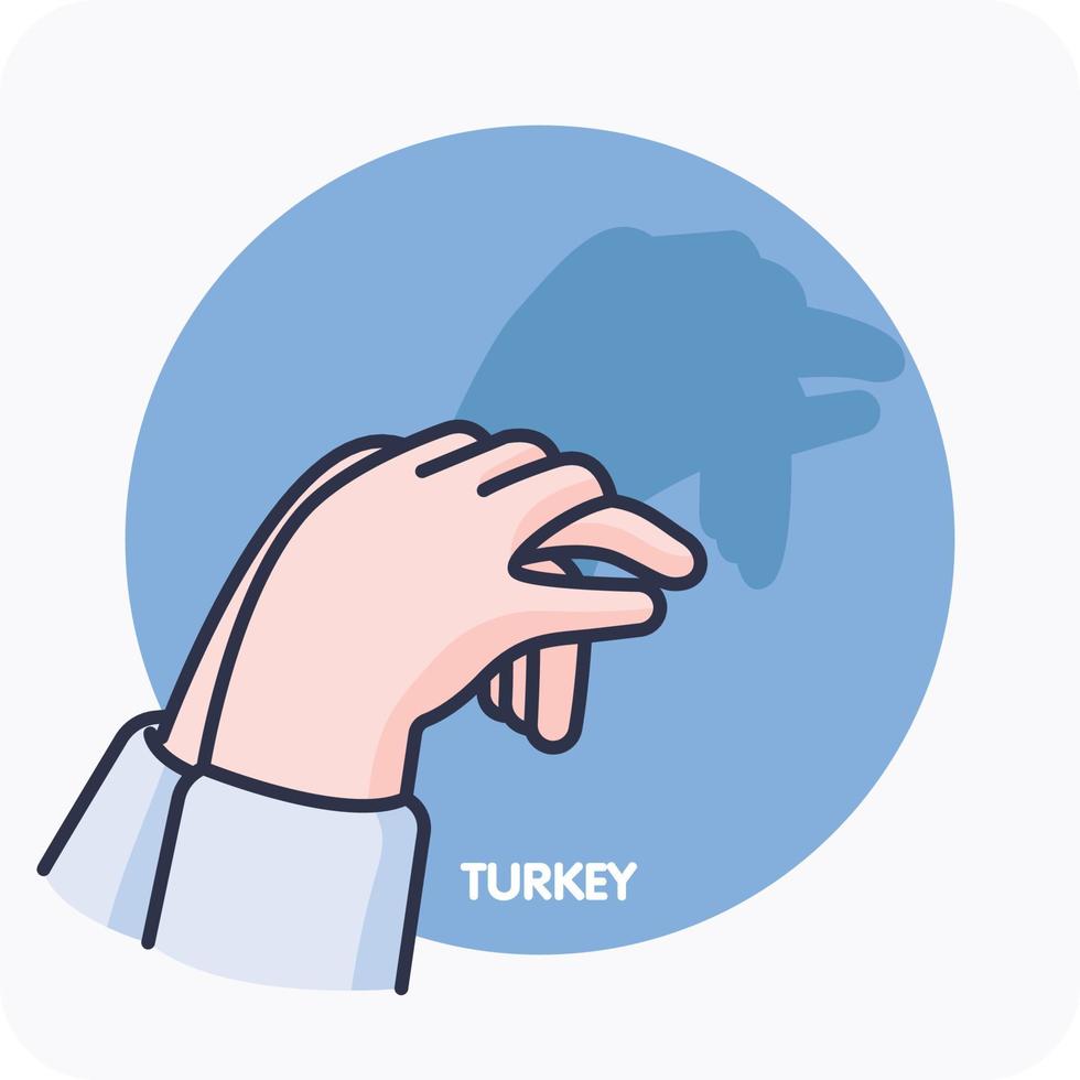 Turkey in hand shadow art, Hand-shadow artwork featuring silhouettes of turkey, vector design, isolated background.