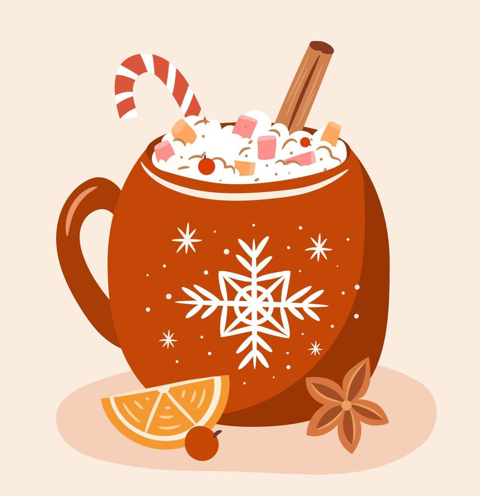 Christmas mug with winter hot drink. Isolated cozy cup with cocoa and marshmellow. Hand drawn flat illustration vector