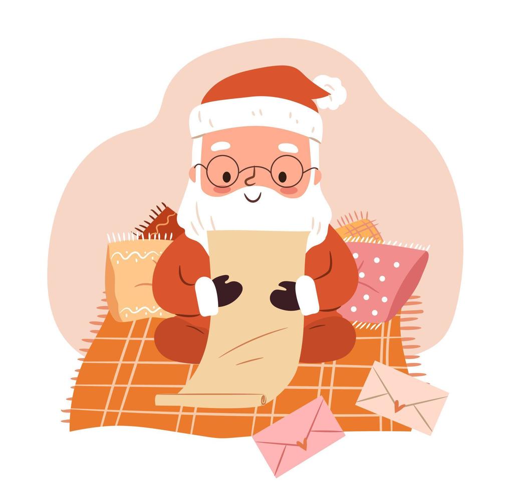Cute Santa reading Christmas letters. Claus sitting on blanket with pillows, reading mail from children. Flat vector character for Merry Christmas postcard, greeting card design.