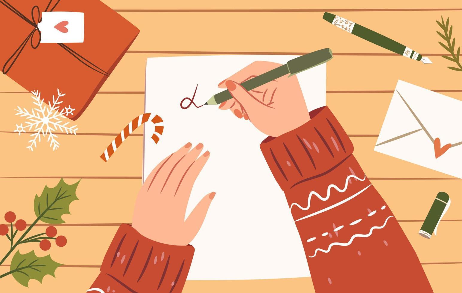 Woman hands with pen writing letter to Santa. Top view. Cozy Christmas illustration. Flat vector design.