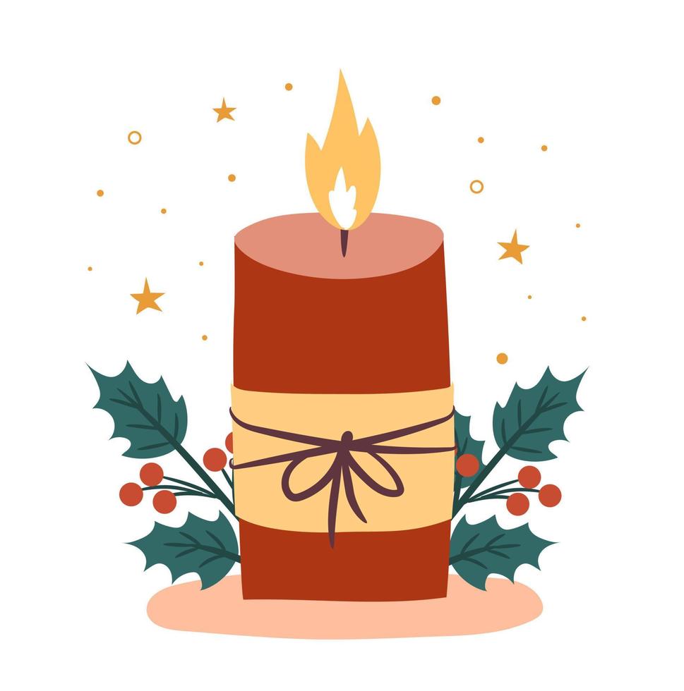 Decorated advent candle. Hygge Christmas. Flat vector illustration