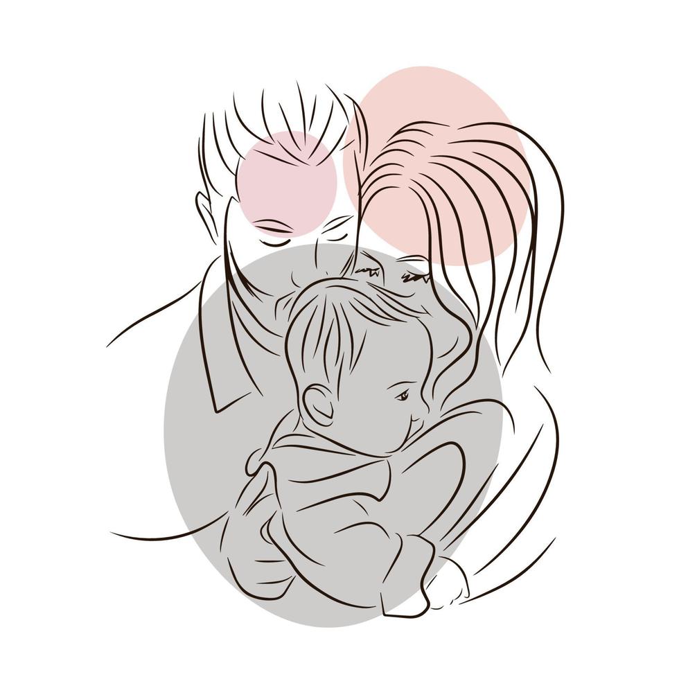 Young family, mom and dad kissing baby, love, warm feelings, line vector