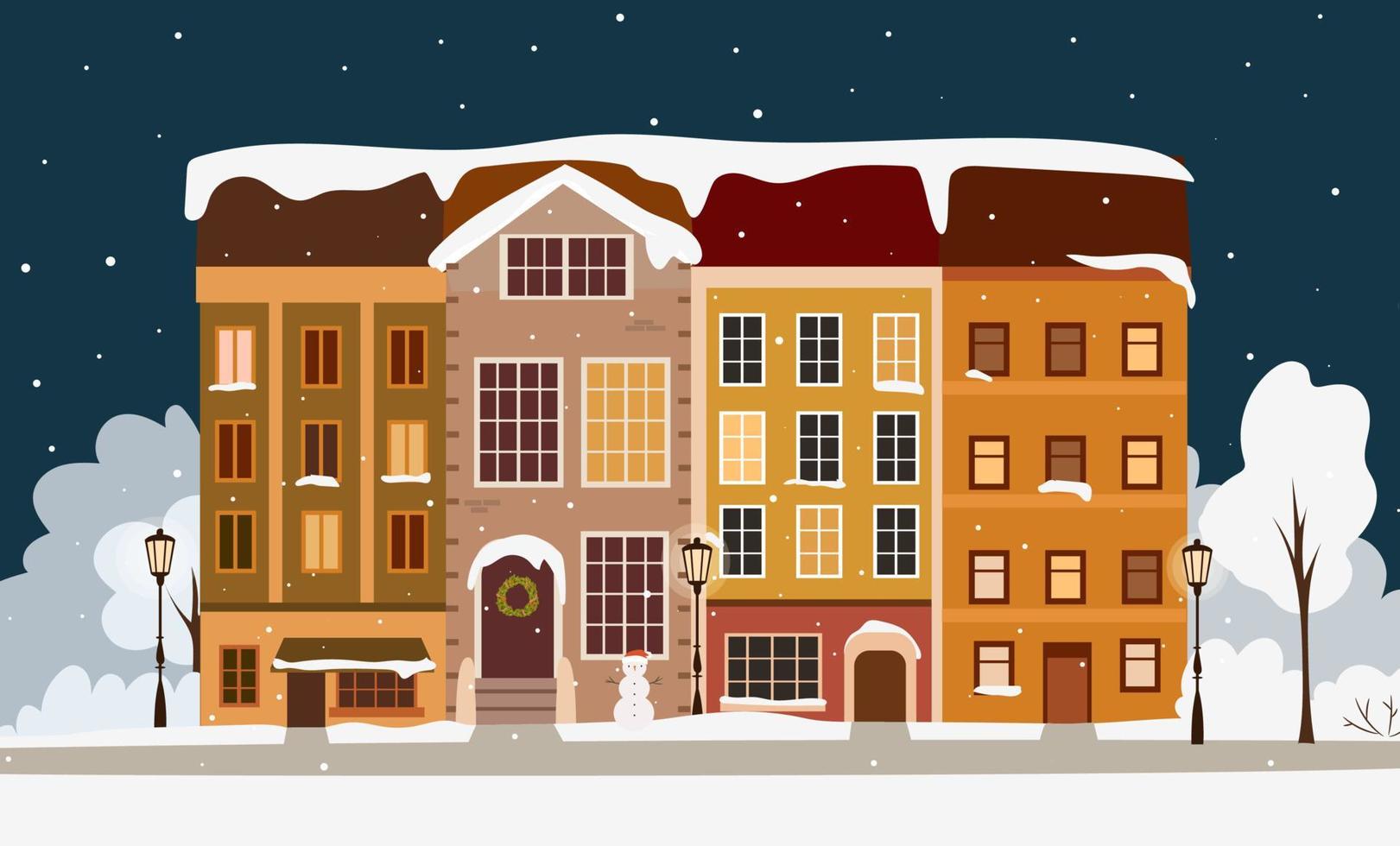 Winter town at night concept. Cute houses on Christmas night. Hand drawn vector illustration.