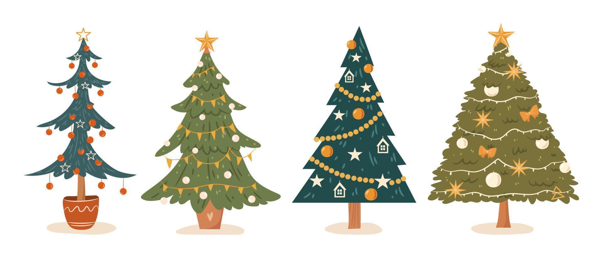 Set of isolated christmas trees on white background. Decorated christmas tree collection. Hand drawn vector flat illustration
