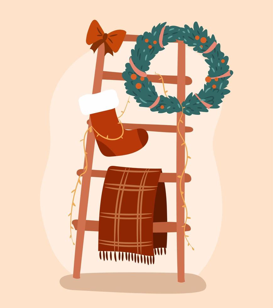 Blanket ladder decorated with Christmas elements. Isolated festive house interior object. Flat vector illustration.