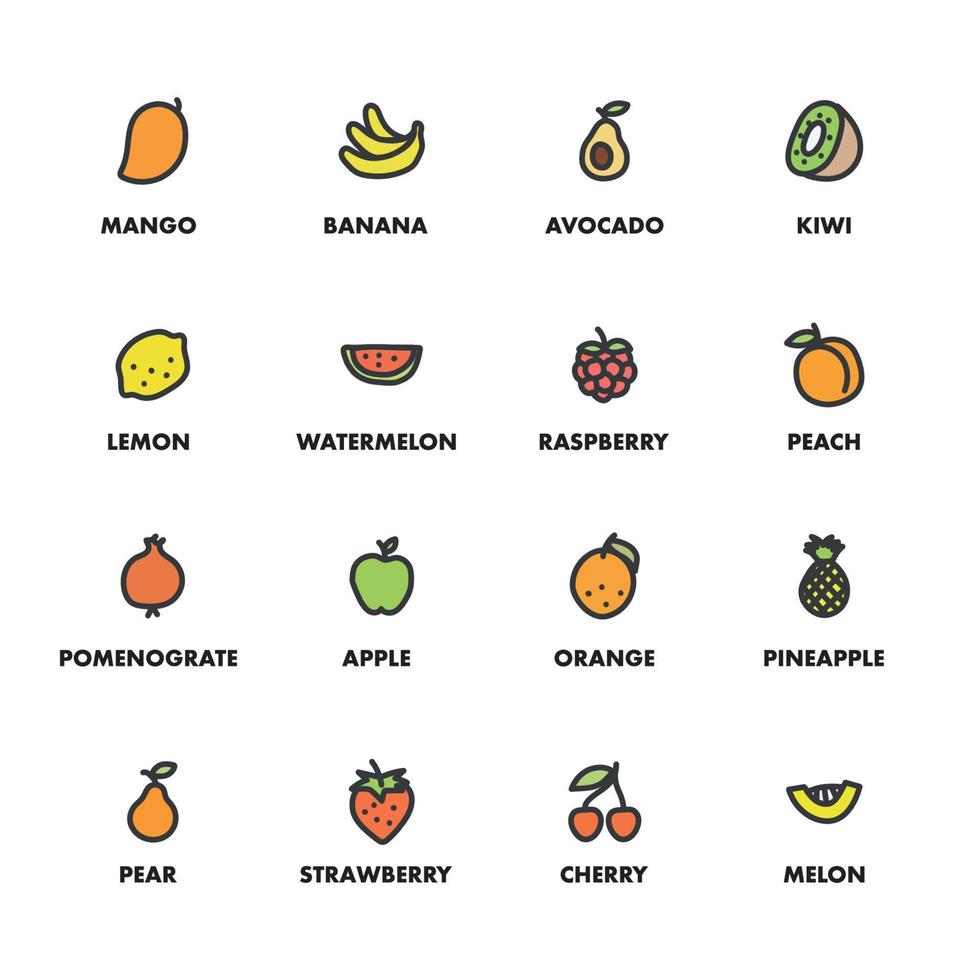 pequeños iconos de frutas garabateados vector