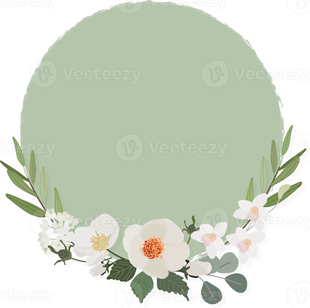 white camellia flower on green circle background wreath frame flat style png