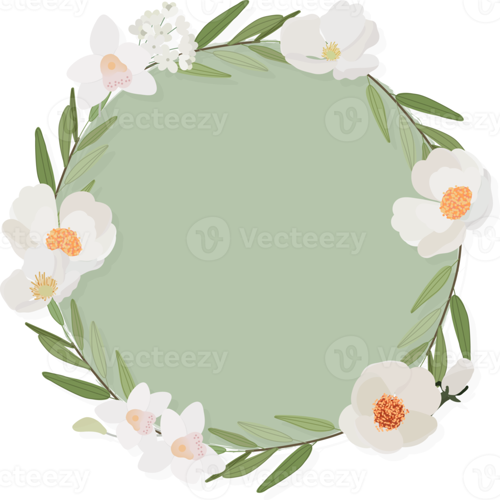 white camellia flower on green circle background wreath frame flat style png