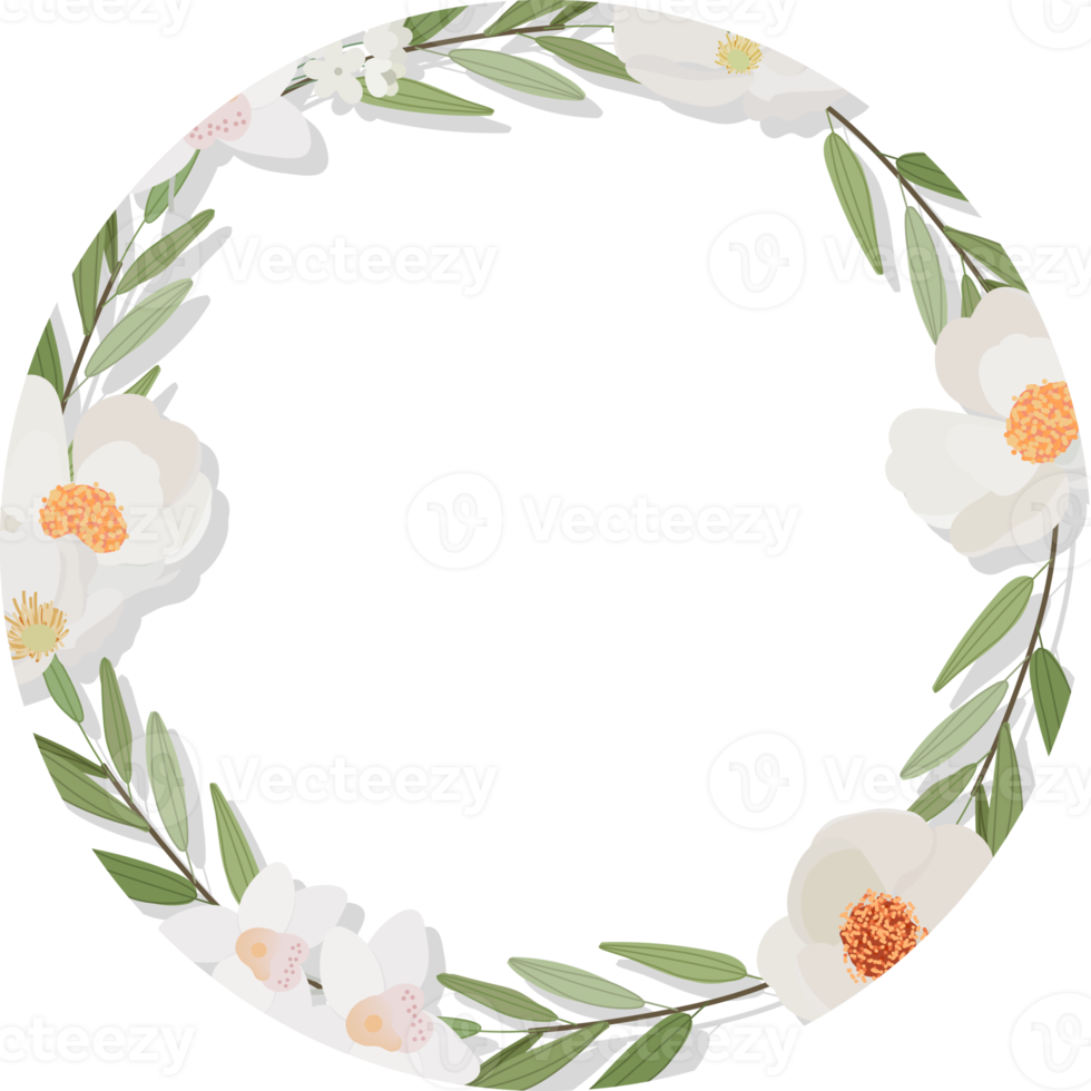 white camellia flower background wreath frame with Thank you sticker flat style png