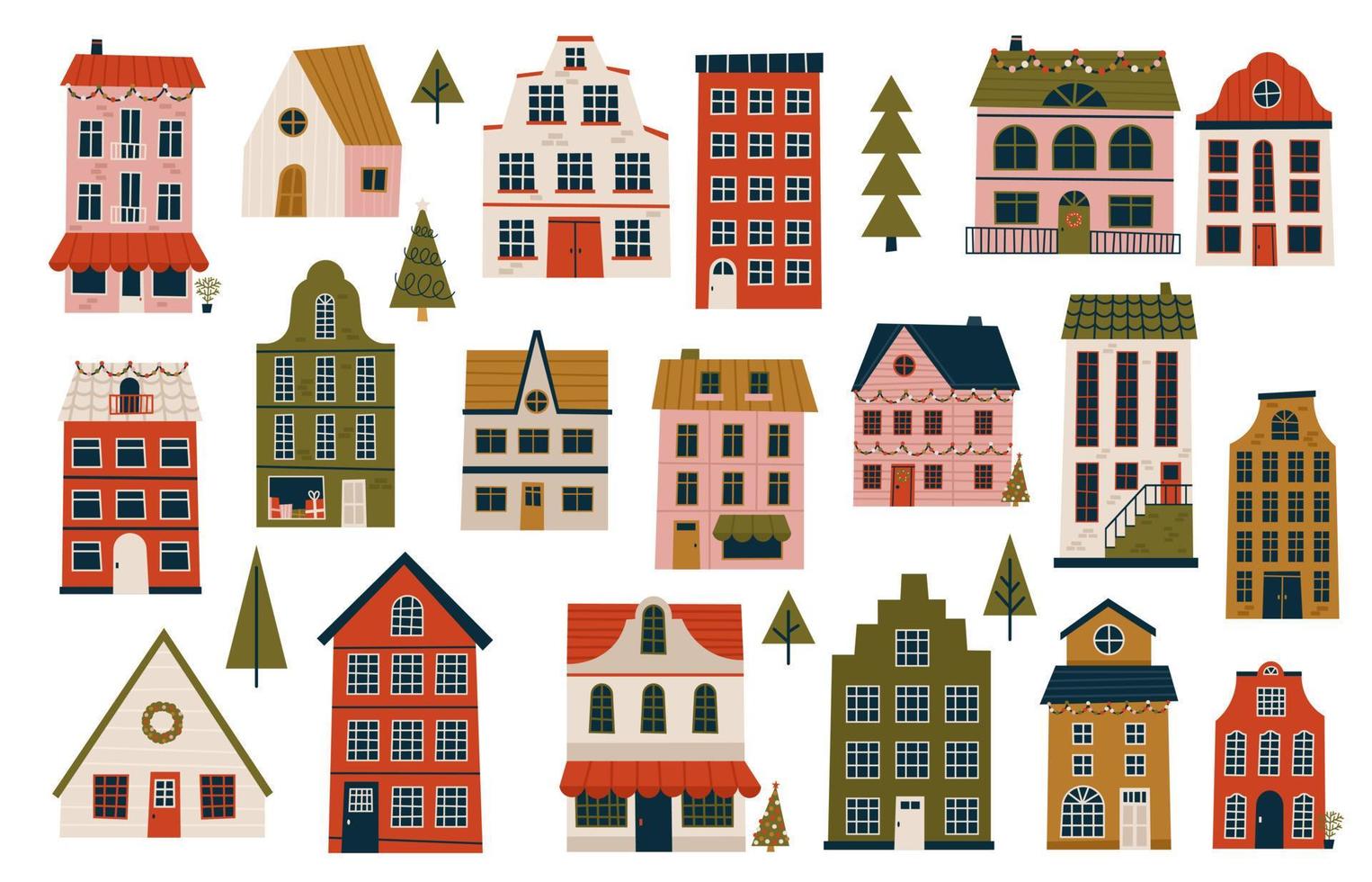 Merry Christmas and Happy New Year Set of various tiny houses. Modern hand draw illustrations. Colorful contemporary art vector