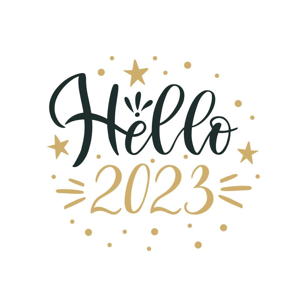 hola 2023. feliz navidad y feliz año nuevo letras. tarjeta de felicitación de vacaciones de invierno, citas de navidad y conjunto de ilustraciones de frases. colección de tipografía para pancartas, postales, tarjetas de felicitación, regalos vector