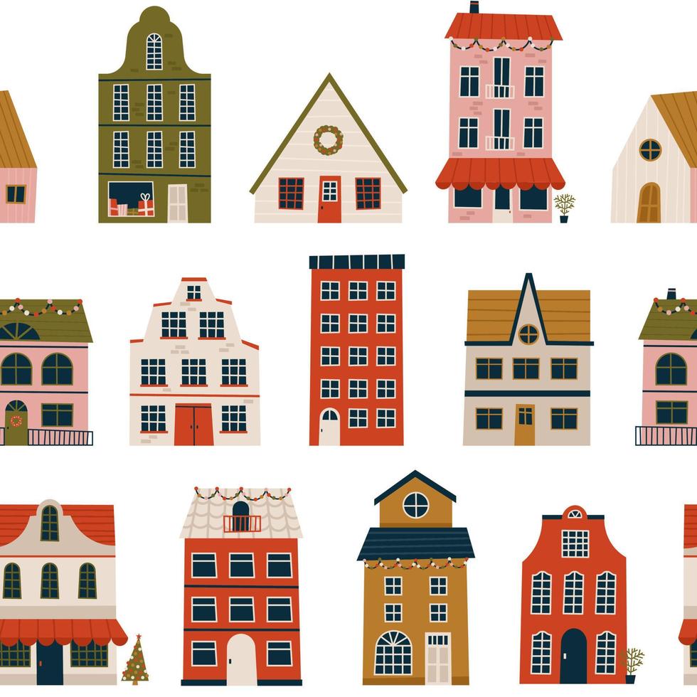 Merry Christmas and Happy New Year seamless pattern with various tiny houses. Modern hand draw illustrations. Colorful contemporary art vector