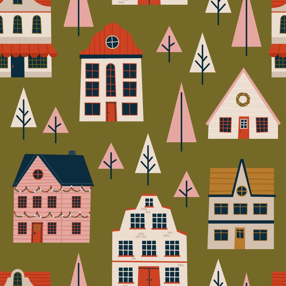 Merry Christmas and Happy New Year seamless pattern with various tiny houses. Modern hand draw illustrations. Colorful contemporary art vector