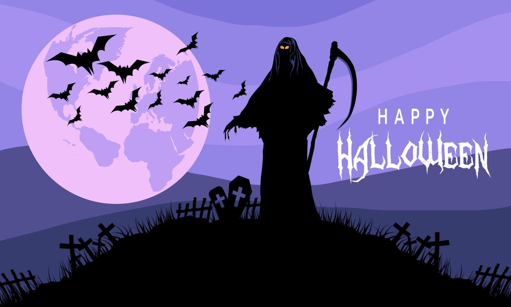 Halloween background in dark purple tones devil standing on cemetery. vector