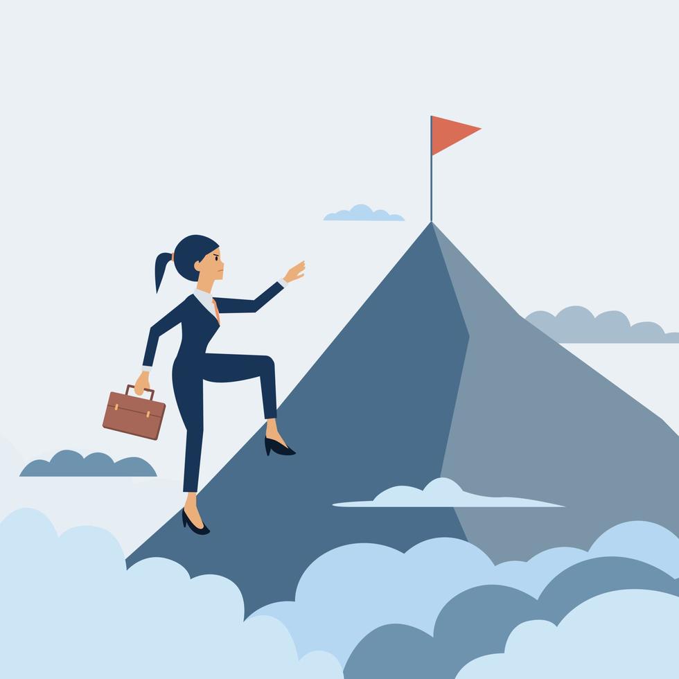 Businesswomen climbing mountains to the flag go to success vector