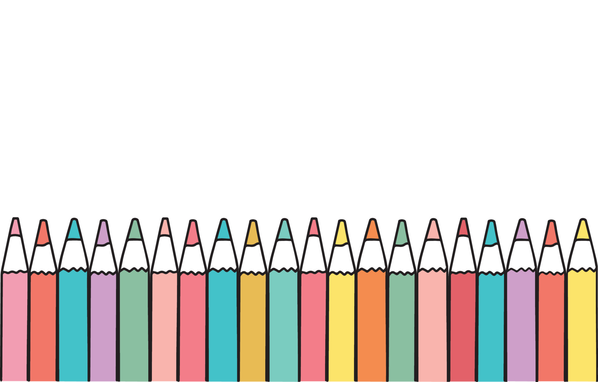 Colored pencil crayons in a row on white background Background