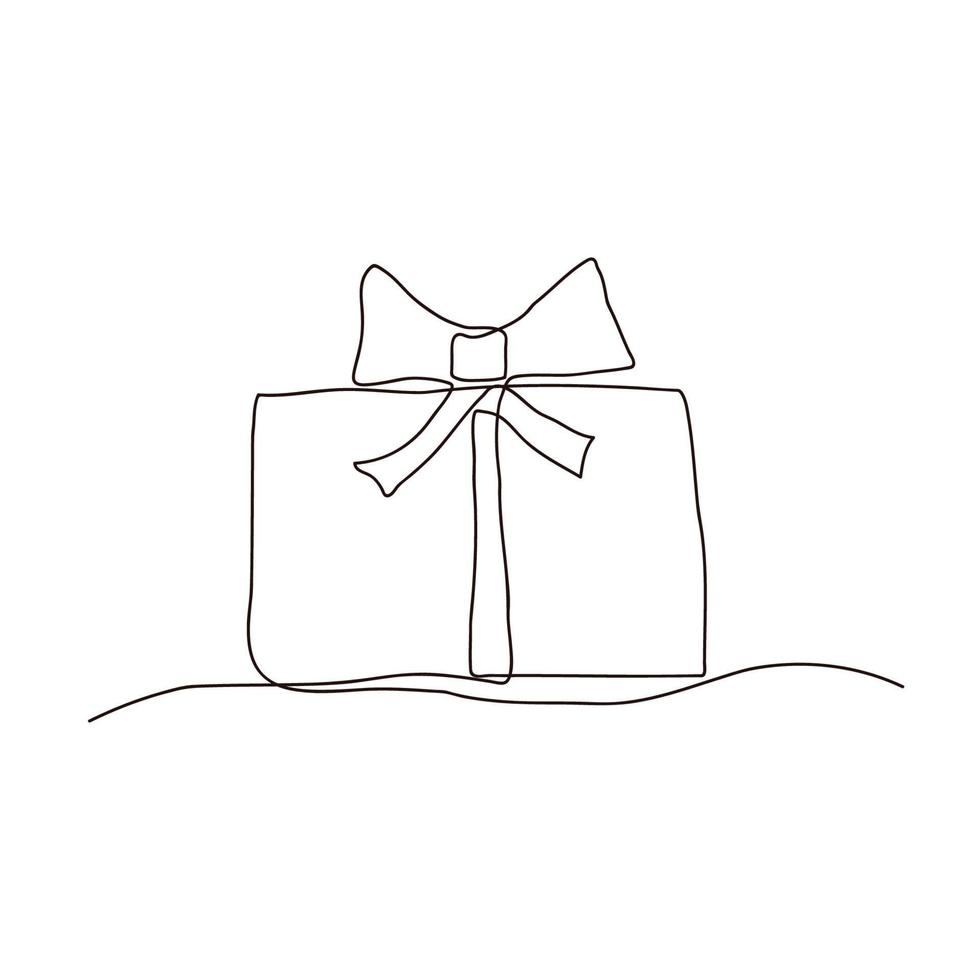 Continuous line drawing. Gift box with bow. Holiday surprise. Black isolated on white background. Hand drawn vector illustration.