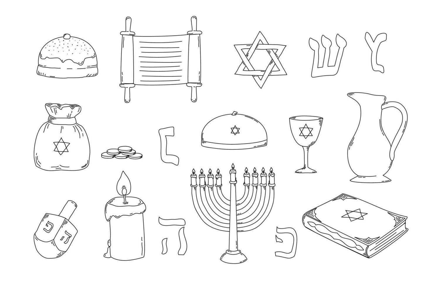 Hanukkah traditional jewish holiday doodle symbols set isolated background. Vector illustration