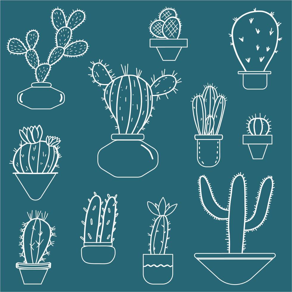 Cactus set. Doodle style.Blue vector illustration. Mexican botanical cactuses in pots. Hand drawn sketch.