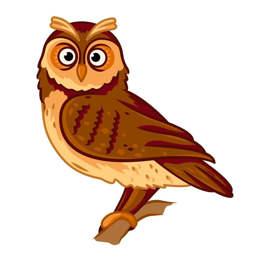 an owl sits on a branch on a white background. contour image. Vector illustration with cute forest animals in cartoon style.