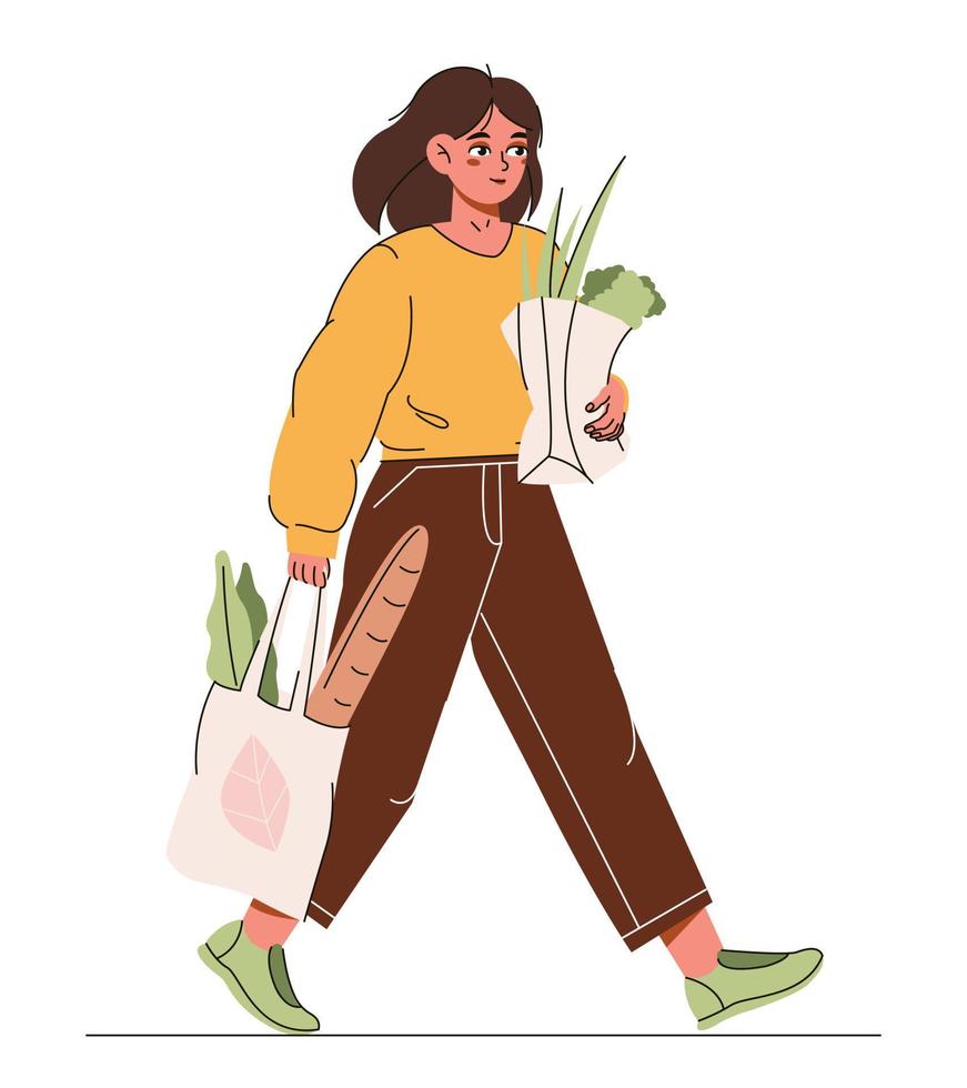 The girl carries bags of food, shopping for vegetables. The concept of healthy eating and vegetarianism. Flat vector illustration