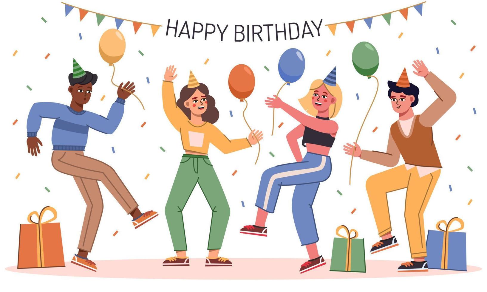 un grupo de jóvenes se divierten y celebran su cumpleaños. la gente tiene globos en sus manos, hay regalos en el suelo. ilustración de vector de color brillante en un estilo plano