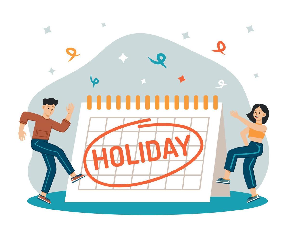 concepto de vacaciones. los días de descanso se destacan en el calendario, y la gente está feliz y bailando. ilustración plana vectorial vector