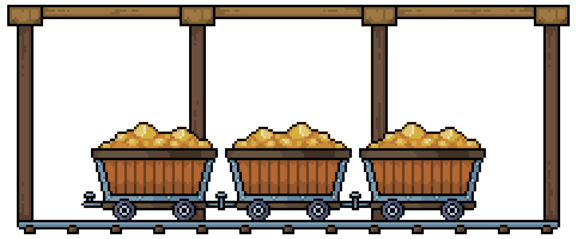 Pixel art gold mine with ore carts in wooden tunnel and rails vector