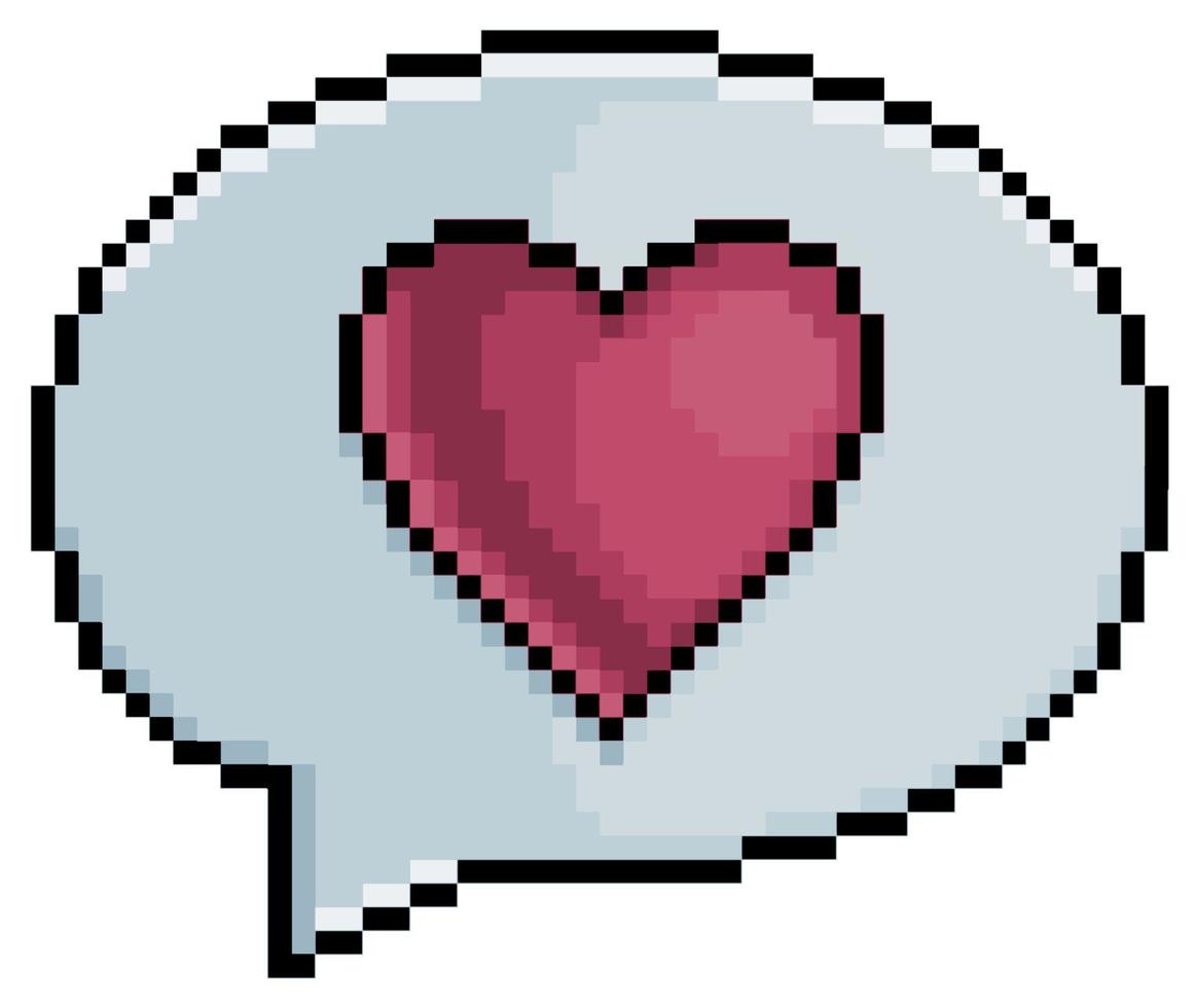 burbuja de voz redonda de pixel art con icono de vector de icono de corazón para juego de 8 bits sobre fondo blanco