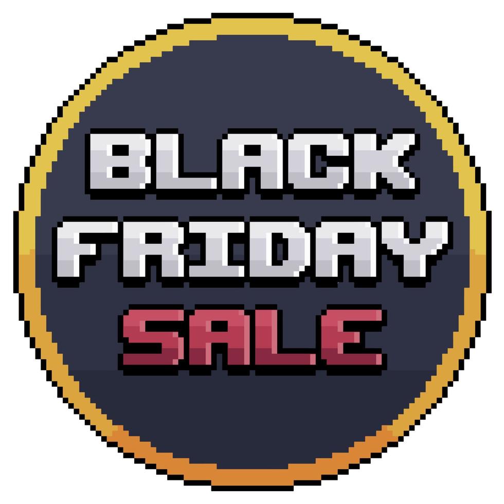 Pixel art black friday round button, red and white black friday logo vector icon for 8bit game on white background