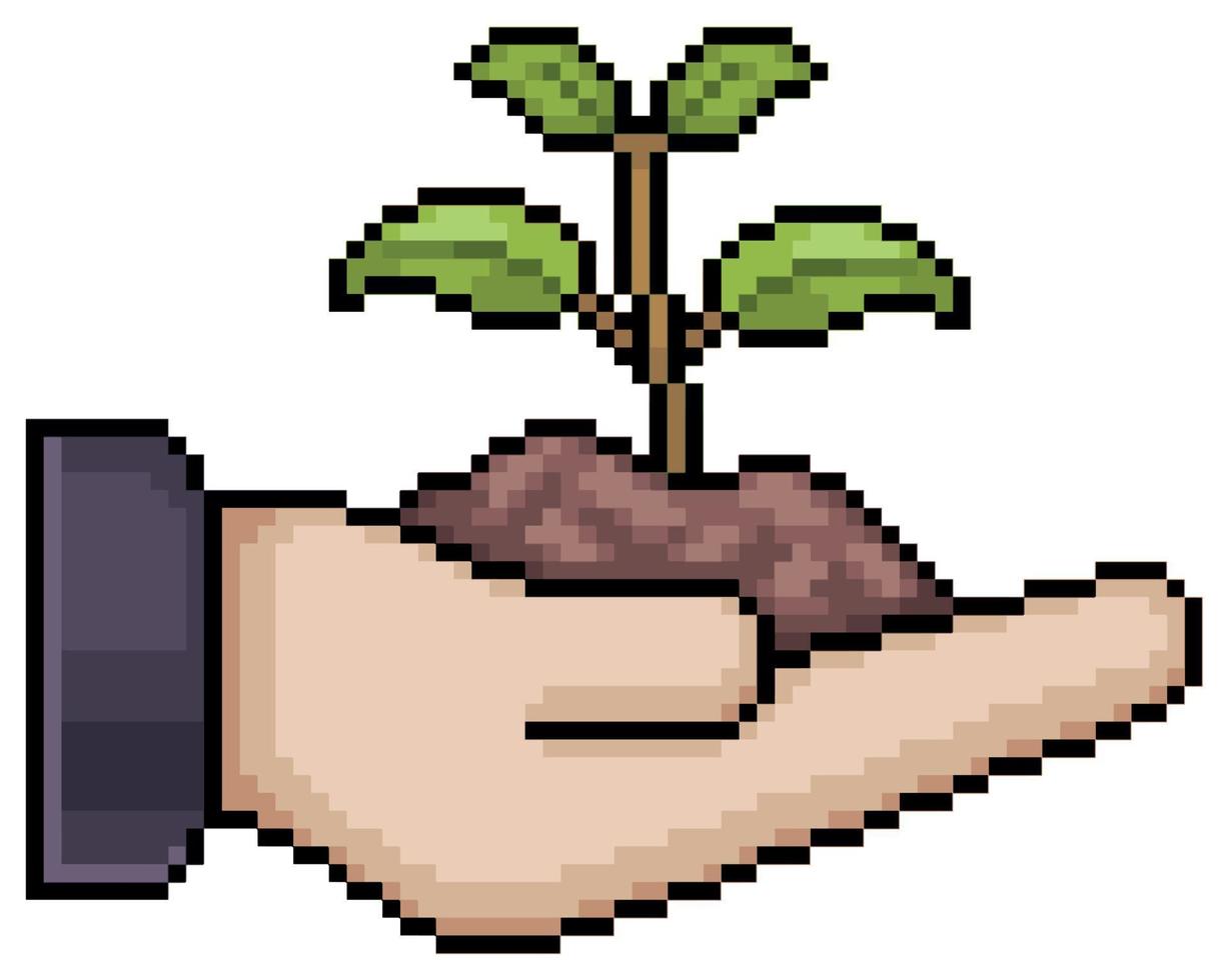 Pixel art hand holding plant vector icon for 8bit game on white background