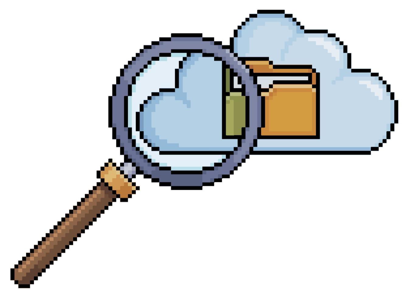 pixel art lupa analizando datos y archivos en el icono de vector de nube para juego de 8 bits sobre fondo blanco