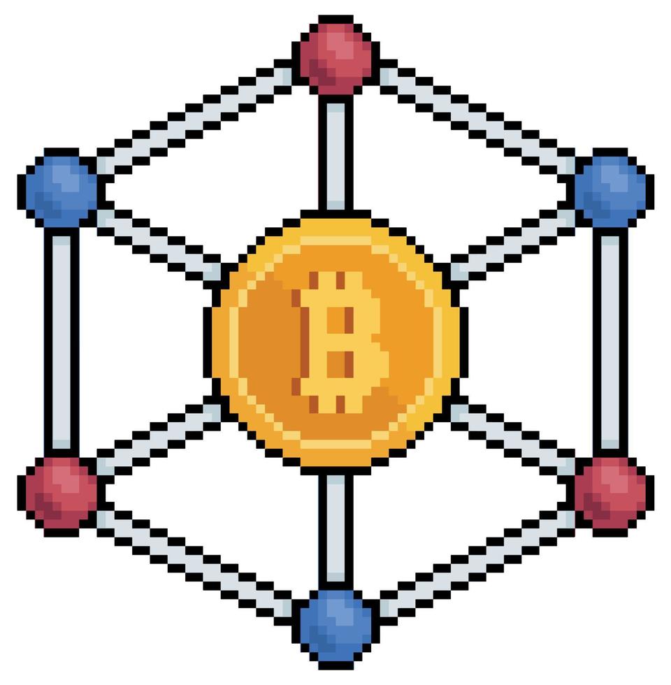 Pixel art bitcoin network, cryptocurrency network vector icon for 8bit game on white background