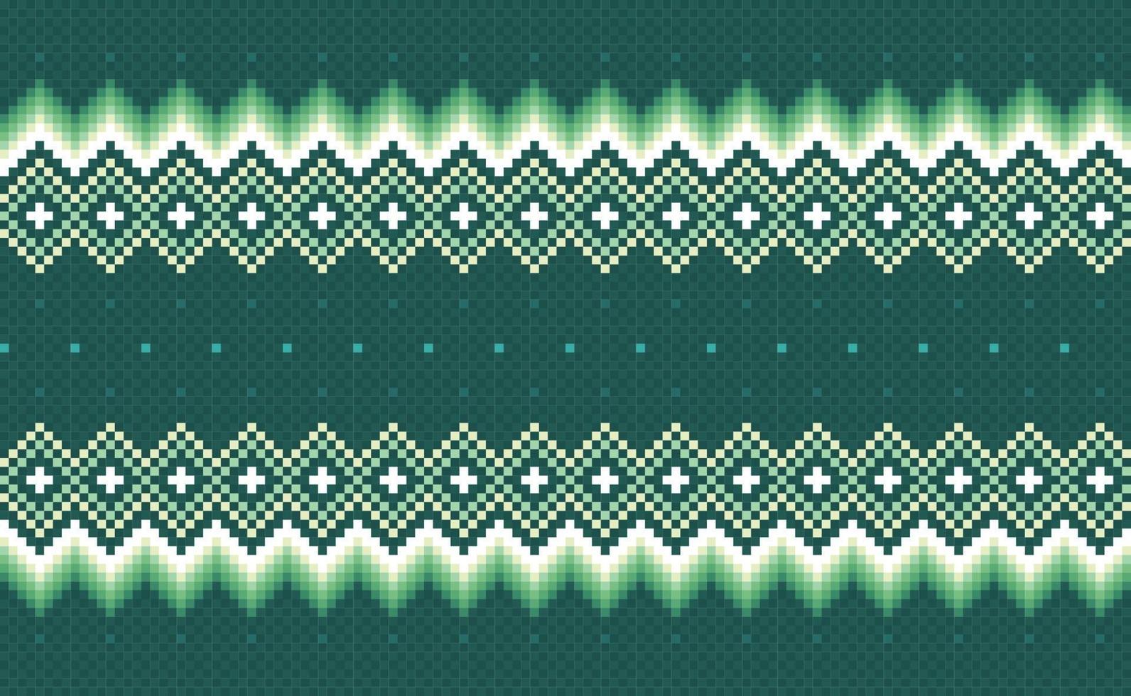 Geometric ethnic pattern, Vector embroidery Navajo background, Green and white pixel motif antique style