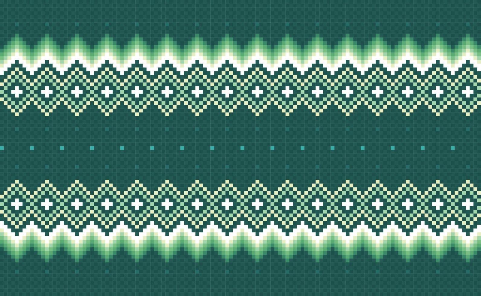 Geometric ethnic pattern, Vector embroidery Navajo background, Green and white pixel motif antique style