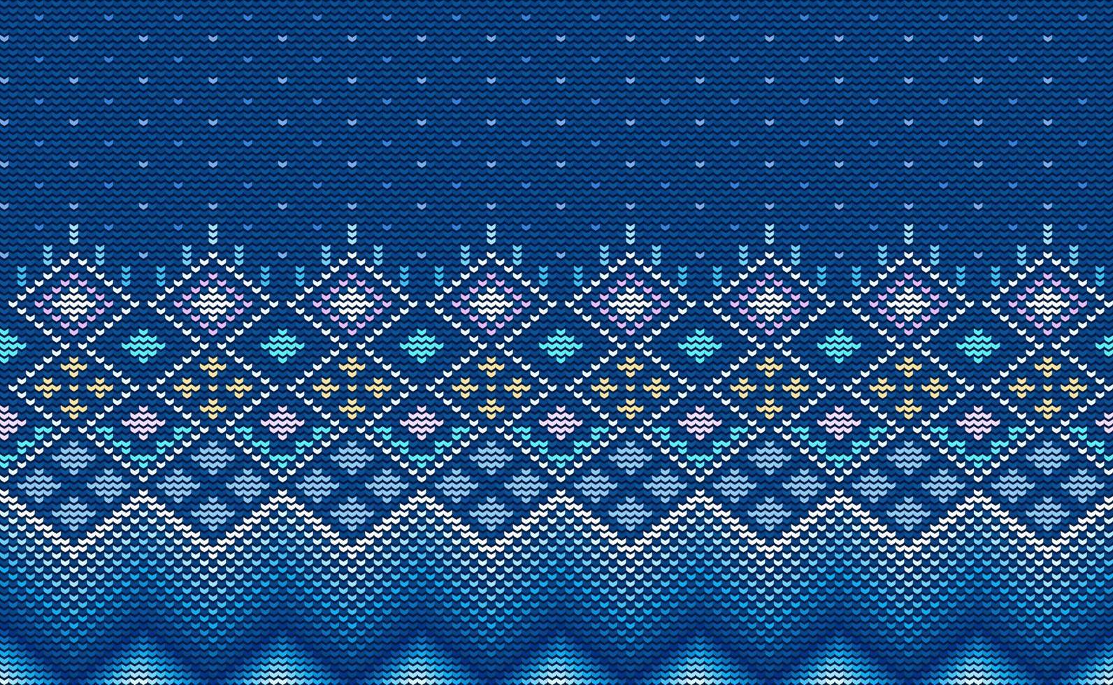 Knitted ethnic pattern, Vector cross stitch triangle background, Blue and white pattern geometric decoration
