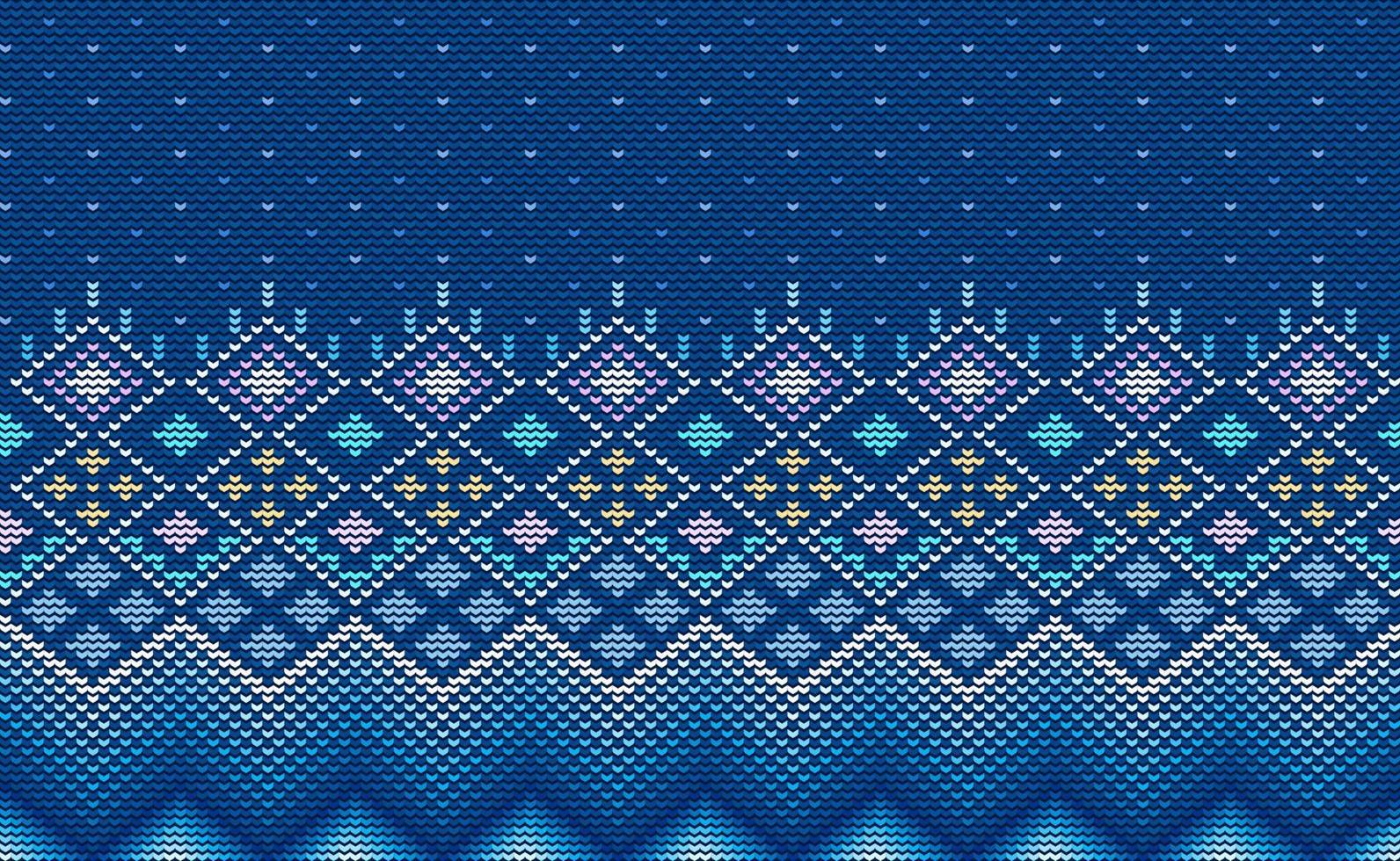 Knitted ethnic pattern, Vector cross stitch triangle background, Blue and white pattern geometric decoration