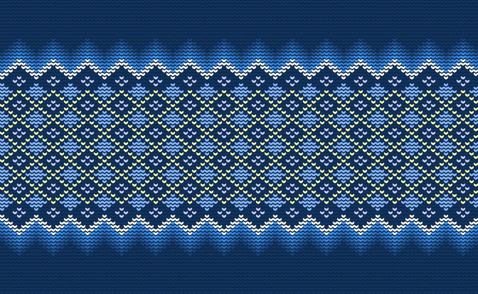 Knitted ethnic pattern, Vector cross stitch crochet background, Blue
