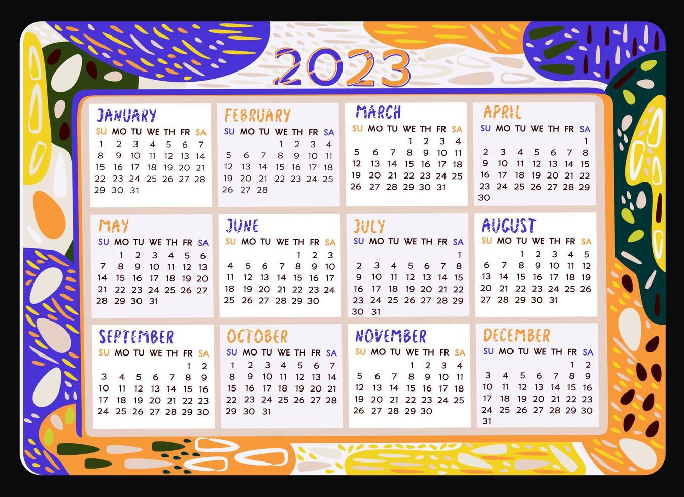 Calendar 2023. Calendar 2023. Colorful monthly calendar with abstract decoration. vector
