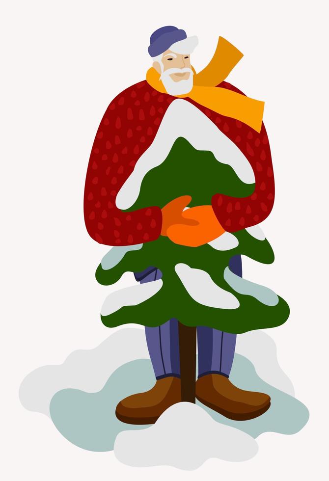 Elderly man holding Christmas tree. Vector illustration. Happy New Year.