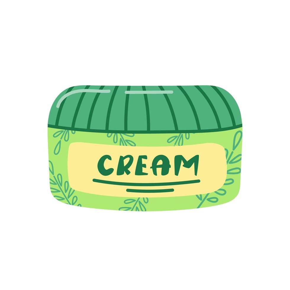 crema natural en tarro verde. producto cosmético facial de belleza en estilo de dibujos animados. Ilustración de vector lindo aislado sobre fondo blanco.