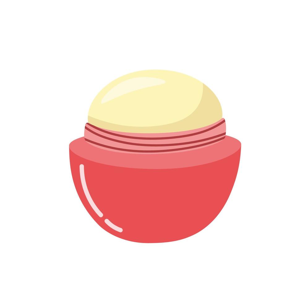 Lip balm round container in cartoon style. Hand drawn lip cream makeup cosmetic. Cute vector illustration isolated on white background.